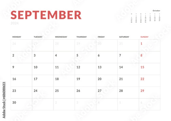 Fototapeta Monthly page Calendar Planner Templates of September 2024. Vector layout of simple calendar with week start Monday for print. Page for size A4 or 21x29.7 cm