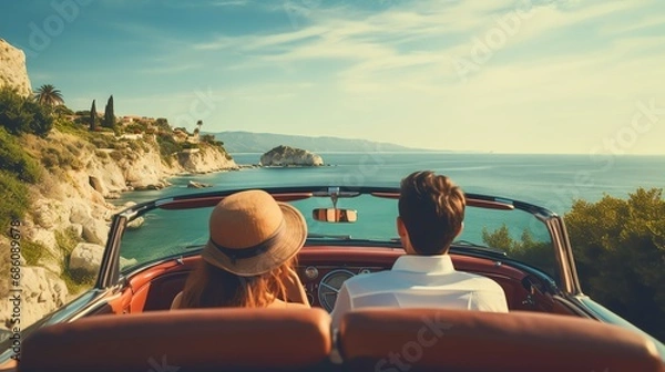 Fototapeta View from the back of the cabriolet car that is driving along the beach. Cute couple in love on vacation. AI generated image