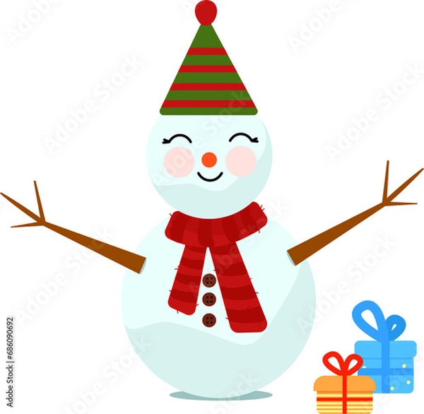 Obraz snowman with a Christmas gift  and  winter hat and red muffler .