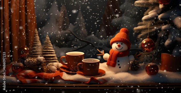 Fototapeta Snowmen, coffee and christmas trees, Christmas style