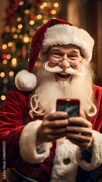 Fototapeta santa claus with christmas tree and phone