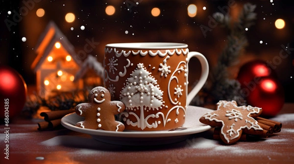 Fototapeta Hot mug and gingerbread, Christmas atmosphere