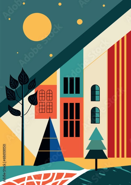 Fototapeta Christmas card. Editable vector illustration for postcard, A4 size, bauhaus style.