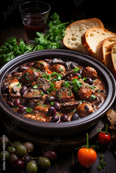 Obraz Coq au vin on wooden table shoot from above .Chicken and wine Classic French cuisine