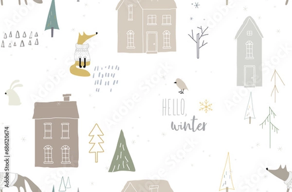 Fototapeta Seamless winter pattern with houses and foxes in the forest