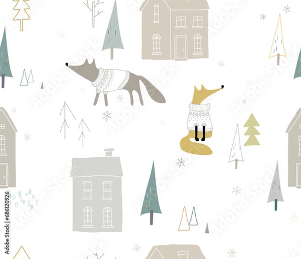 Fototapeta Seamless winter pattern with houses and foxes in the forest