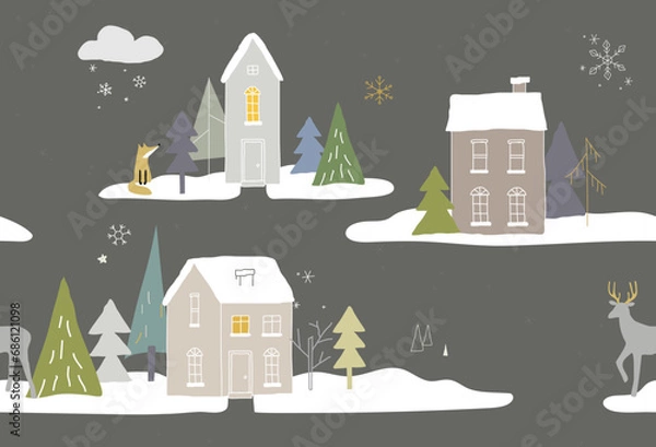 Fototapeta Seamless winter pattern with houses and animals in the forest