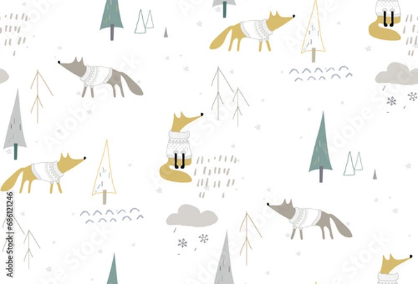 Fototapeta Seamles winter pattern with foxes wearing sweaters