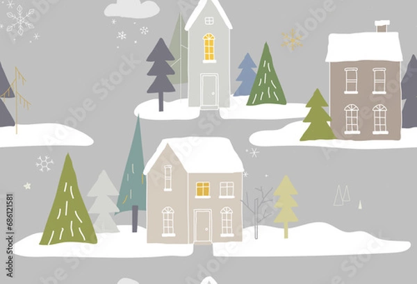 Fototapeta Seamless winter pattern with houses in the forest