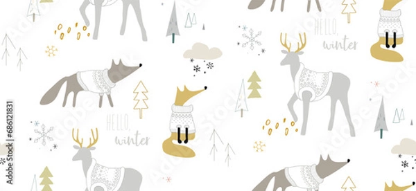 Fototapeta Seamless winter pattern with foxes and deers in the forest