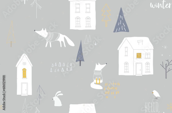 Fototapeta Seamless winter pattern with houses and foxes in the forest