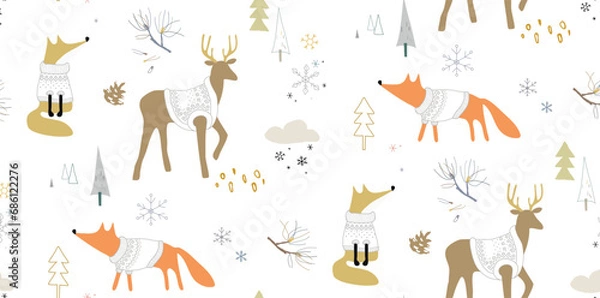 Fototapeta Seamless winter pattern with foxes and deers in the forest