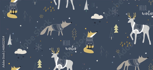 Fototapeta Seamless winter pattern with foxes and deers in the forest