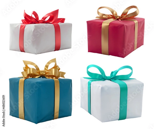 Fototapeta a collection of colorful gifts wrapped presents with a ribbon bows isolated against a transparent background - png - image compositing footage - alpha channel - birthday, christmas, x-mas