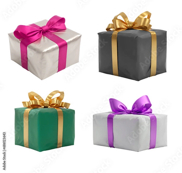 Fototapeta a set of colorful gifts wrapped presents with a ribbon bows isolated against a transparent background - png - image compositing footage - alpha channel - birthday, christmas, x-mas