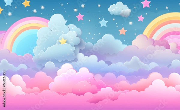 Fototapeta Kawaii Fantasy Pastel Colorful Sky with Clouds and Stars Background in a paper cut and paste style.