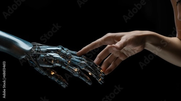 Fototapeta Image of a robot hand reaching out to a human hand.