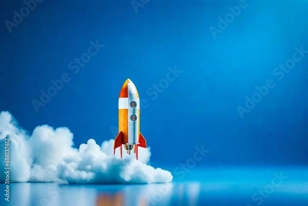 Fototapeta rocket taking off on a blue background