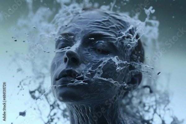 Fototapeta  a close up of a woman's face with water splashing on her face and water droplets on her face.
