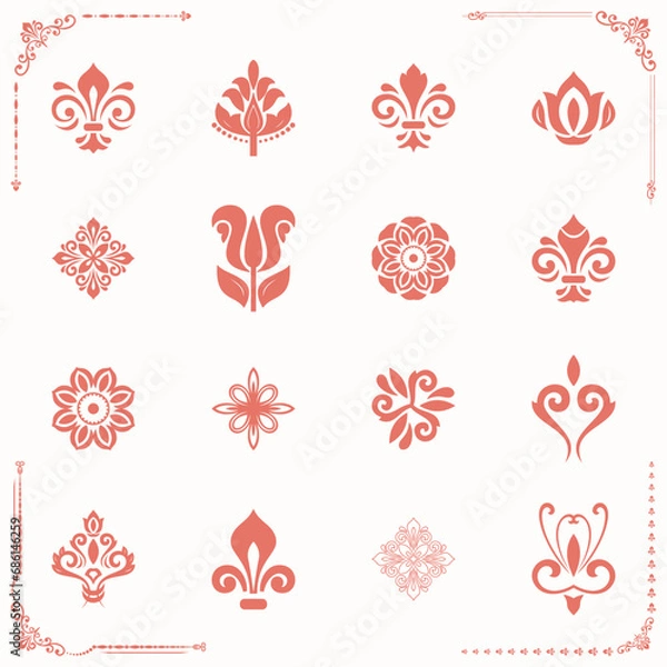 Fototapeta Vintage set of vector pink elements. Elements for backgrounds. Classic patterns. Set of vintage patterns