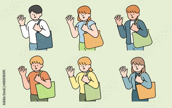 Obraz People Using Tote Bag, Eco-Friendly Concept. Simple Vector Illustration.