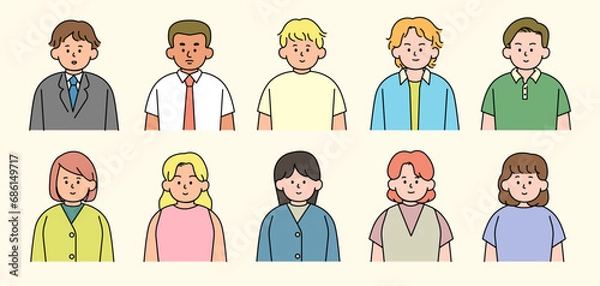 Fototapeta Outline avatars profile set, office workers, simple icon style, character design, vector illustration.