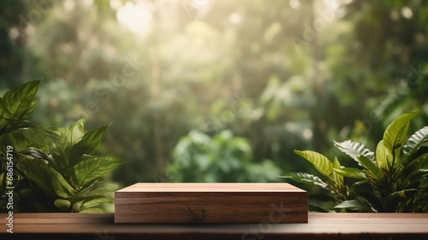 Fototapeta Wooden product display podium with blurred nature leaves background