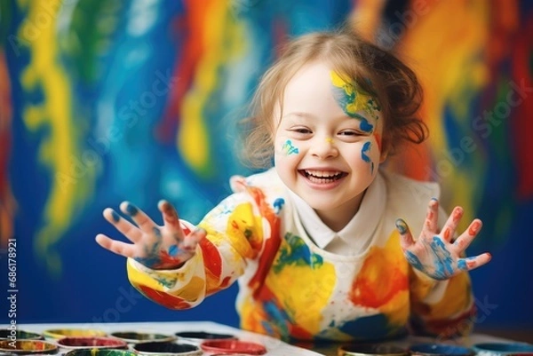 Fototapeta Joyful young girl with face paint enjoying arts and crafts. Creative play and education.