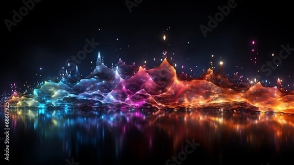 Fototapeta Rhythmic Waves of Color: Luminous Ribbons Dance Across a Reflective Surface in a Symphony of Light and Shadow. Data visualization picture, luminous waves and data streams