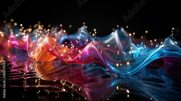 Fototapeta Rhythmic Waves of Color: Luminous Ribbons Dance Across a Reflective Surface in a Symphony of Light and Shadow. Data visualization picture, luminous waves and data streams