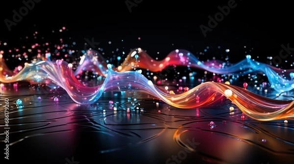 Fototapeta Rhythmic Waves of Color: Luminous Ribbons Dance Across a Reflective Surface in a Symphony of Light and Shadow. Data visualization picture, luminous waves and data streams