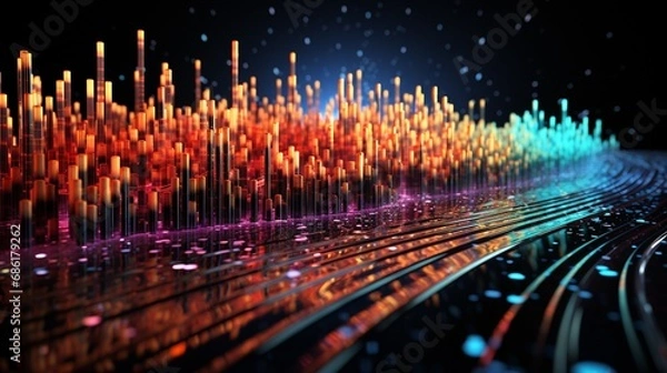Fototapeta Rhythmic Waves of Color: Luminous Ribbons Dance Across a Reflective Surface in a Symphony of Light and Shadow. Data visualization picture, luminous waves and data streams