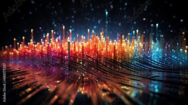 Fototapeta Rhythmic Waves of Color: Luminous Ribbons Dance Across a Reflective Surface in a Symphony of Light and Shadow. Data visualization picture, luminous waves and data streams