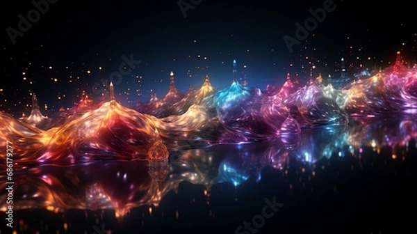 Fototapeta Rhythmic Waves of Color: Luminous Ribbons Dance Across a Reflective Surface in a Symphony of Light and Shadow. Data visualization picture, luminous waves and data streams