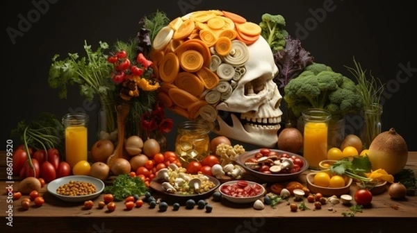 Fototapeta  Opulent Display of Fruits, Vegetables, Grains, and Nuts with a Toast to Wellness. A big table of healthy food.