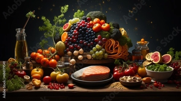 Fototapeta  Opulent Display of Fruits, Vegetables, Grains, and Nuts with a Toast to Wellness. A big table of healthy food.