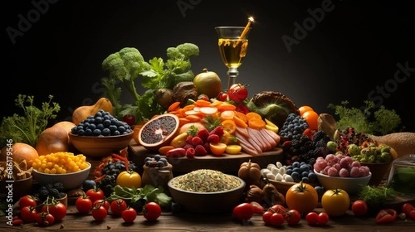 Fototapeta  Opulent Display of Fruits, Vegetables, Grains, and Nuts with a Toast to Wellness. A big table of healthy food.
