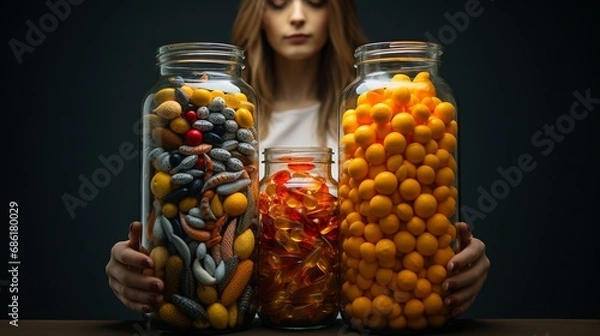 Fototapeta Thoughtful Woman Contemplating Between Jars of Supplements and Fresh Citrus Fruits