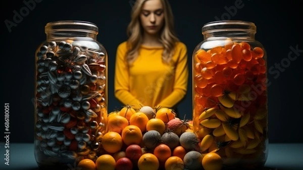 Fototapeta Thoughtful Woman Contemplating Between Jars of Supplements and Fresh Citrus Fruits