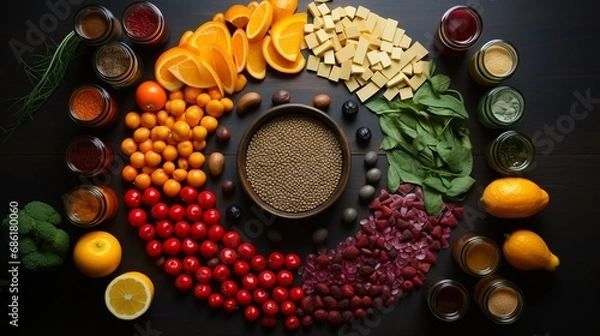 Fototapeta Culinary Spectrum, Vibrant Array of Fresh Citrus, Leafy Greens, and Organic Superfoods on a Sleek Black Surface