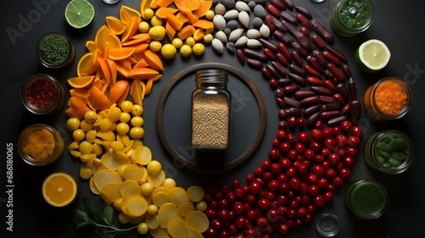 Fototapeta Nutritional Spectrum: Wholesome Balance of Legumes, Citrus Fruits, and Leafy Greens in Artful Display.The picture of a healthy lunch snack. A circle of healthy foods to keep you healthy 