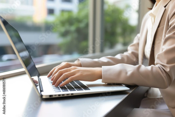 Fototapeta People working in cafe, using laptops