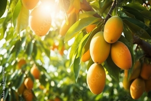 Fototapeta Ripe juicy mango fruits hanging on tree branch, sunlight. Close up of sweet tropical mango on tree, cultivation, farm, mango plantation