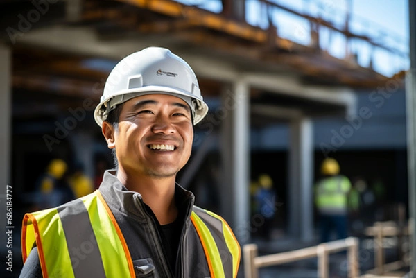 Fototapeta Smiling men bricklayer in work clothes on a construction site. Mason at work. Job. Asian bricklayer construction company. AI