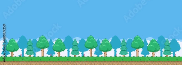 Fototapeta 8bit colorful simple vector pixel art horizontal illustration of cartoon dense mixed forest in retro video game platformer level style