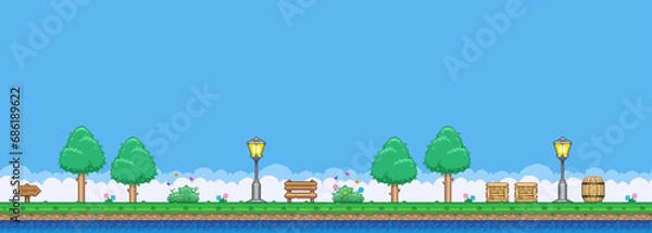 Fototapeta 8bit colorful simple vector pixel art horizontal illustration of cartoon park with benches, trees, lanterns in retro video game platformer level style