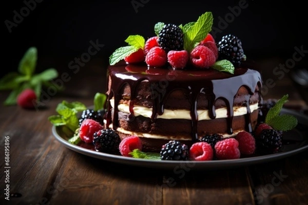 Fototapeta A tempting Joffre cake, adorned with fresh berries and mint, resting on a vintage wooden table