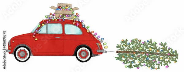 Fototapeta Retro Fiat 500 with Christmas decorations and tree