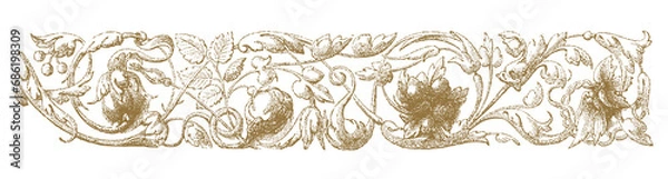 Fototapeta Gold Floral Engraving Border Basket. Hand Drawn Vector Outline, Graphic, Line Art. Vintage Baroque Ornament Frame. Modern Style. Antique Botanical Retro Design. Victorian Frame Border