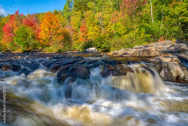 Fototapeta Vibrant autumn leaves on the riverbank with cascading water combine to create a symphony of nature's beauty.